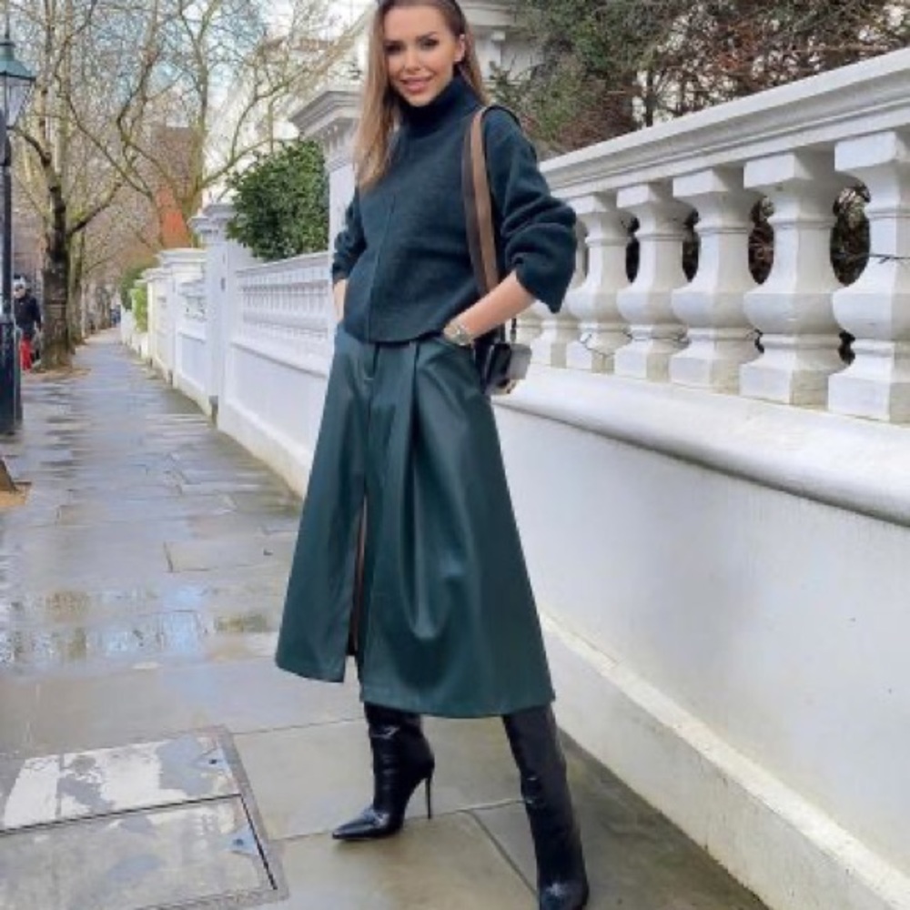 Zara Forest Green Faux Leather A-Line Midi Skirt Size S NWT